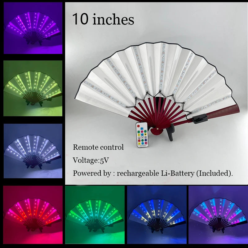 10 inches LED Luminous Folding Fan Dance Party Wedding Stage Performance Show Festival Fans Colorful Led Hand Fan Kung Fu Fan