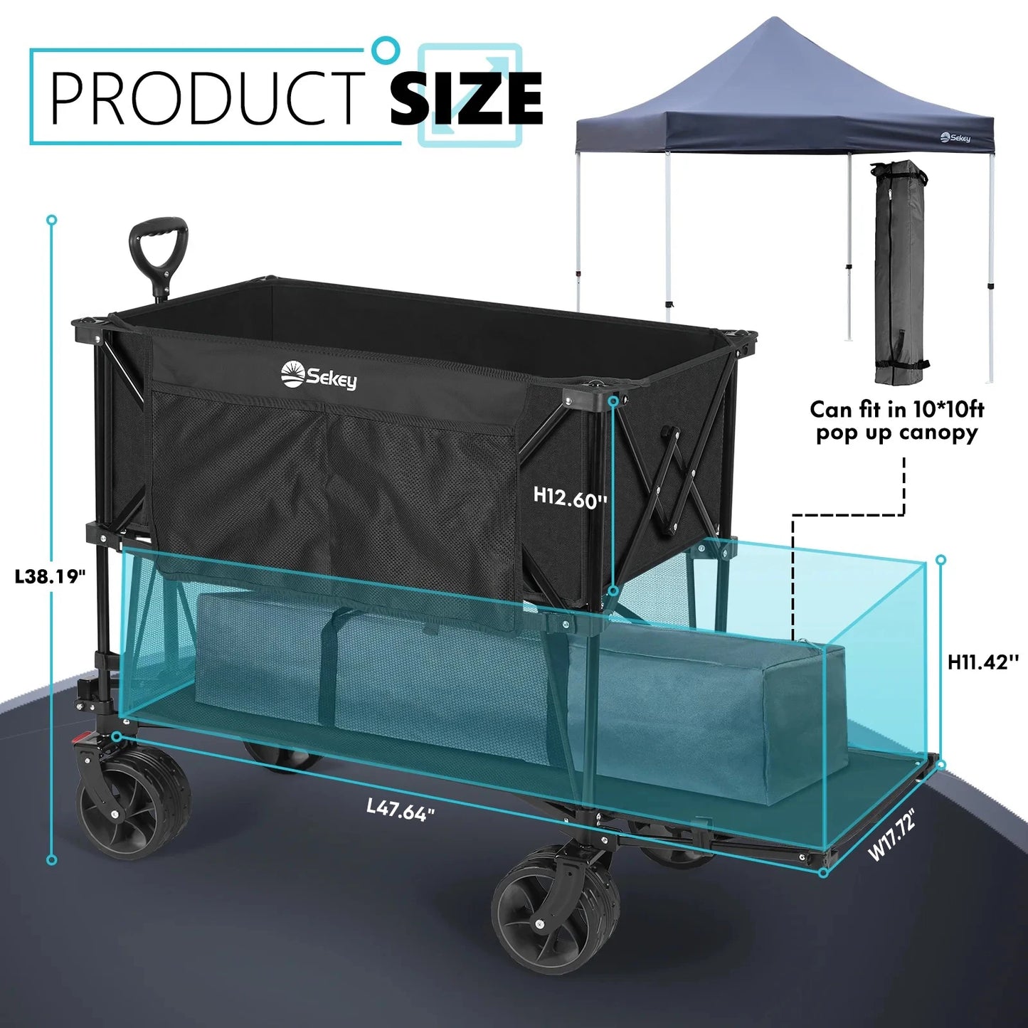 450LBS Double Decker Collapsible Wagon 50"L Extended 400L Large Capacity Heavy Duty Foldable Wagon Folding Cart