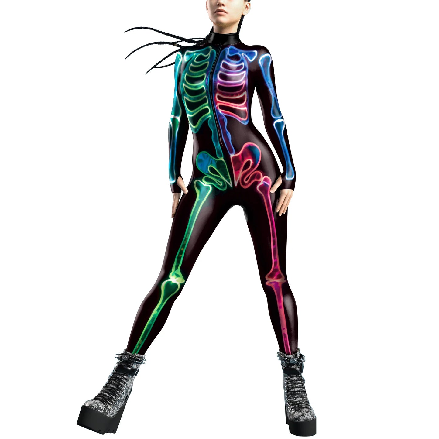 VIP FASHION Colorful Zentai Bodysuit Thumb Sleeves Cosplay Costume Front Zipper Jumpsuit Burning Man Festival Outfit for Woman