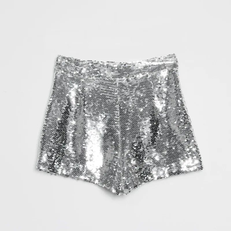 Sexy Women Sequin Shorts Summer High Waist O-Ring Zip Bodycon Shorts Feminino Skinny Party Club Festival Raves Pole Dance Shorts