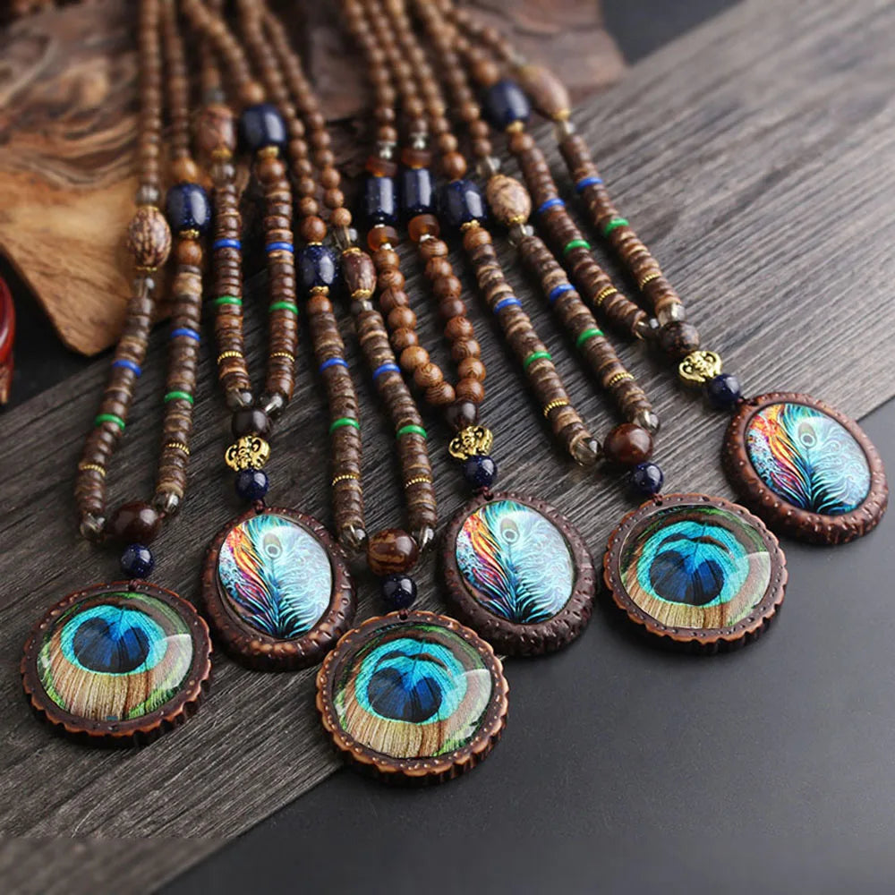 Ethnic Handmade Jewelry Mala Horn Nepal Pendant Long Necklace Necklace Wood Beads
