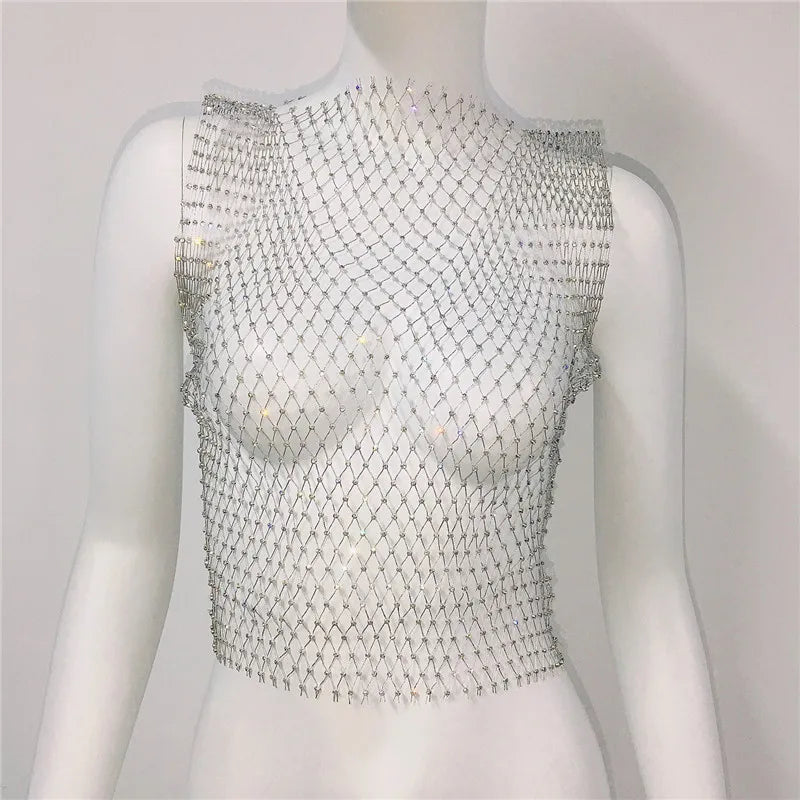 Crystal Rhinestone Fishnet Crop Top Women Sexy Mesh Hollow Out See Through Tank Top Beach Festival Rave Party Clubwear Camis Tee