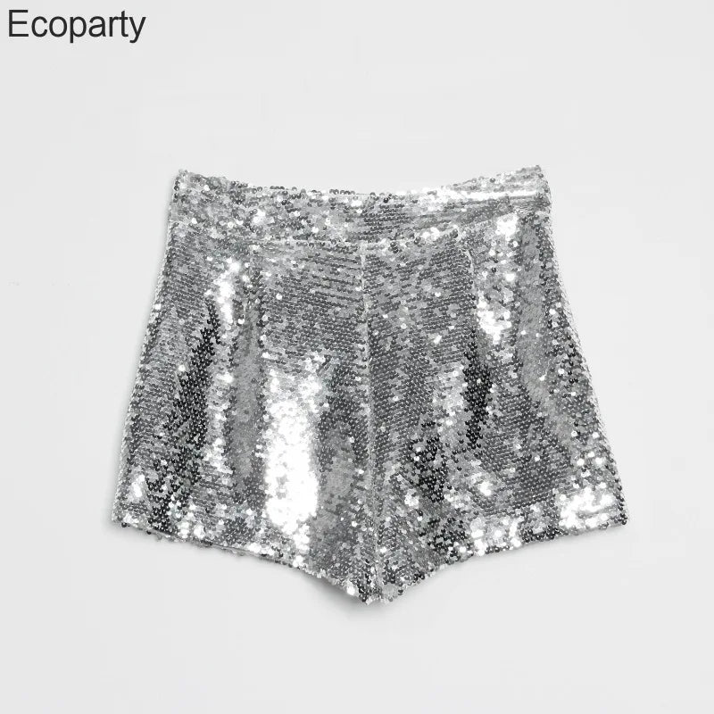 Sexy Women Sequin Shorts Summer High Waist O-Ring Zip Bodycon Shorts Feminino Skinny Party Club Festival Raves Pole Dance Shorts