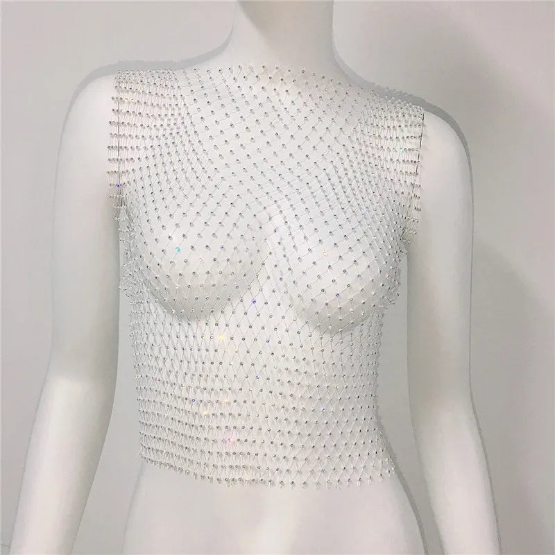 Crystal Rhinestone Fishnet Crop Top Women Sexy Mesh Hollow Out See Through Tank Top Beach Festival Rave Party Clubwear Camis Tee