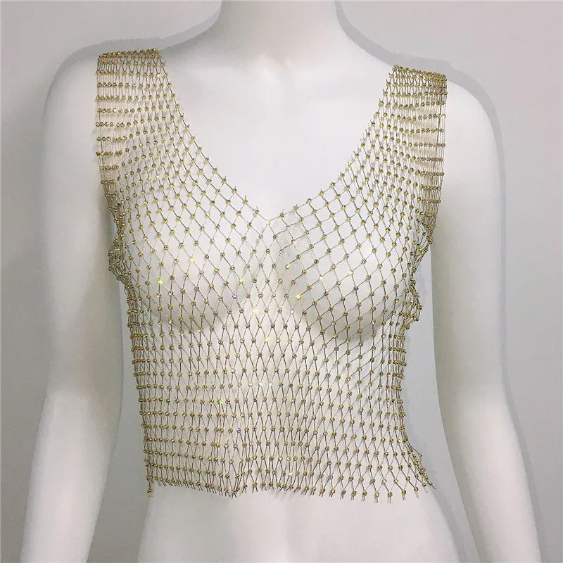 Crystal Rhinestone Fishnet Crop Top Women Sexy Mesh Hollow Out See Through Tank Top Beach Festival Rave Party Clubwear Camis Tee