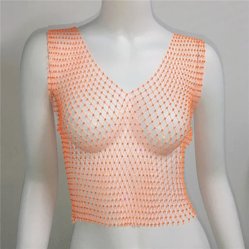 Crystal Rhinestone Fishnet Crop Top Women Sexy Mesh Hollow Out See Through Tank Top Beach Festival Rave Party Clubwear Camis Tee