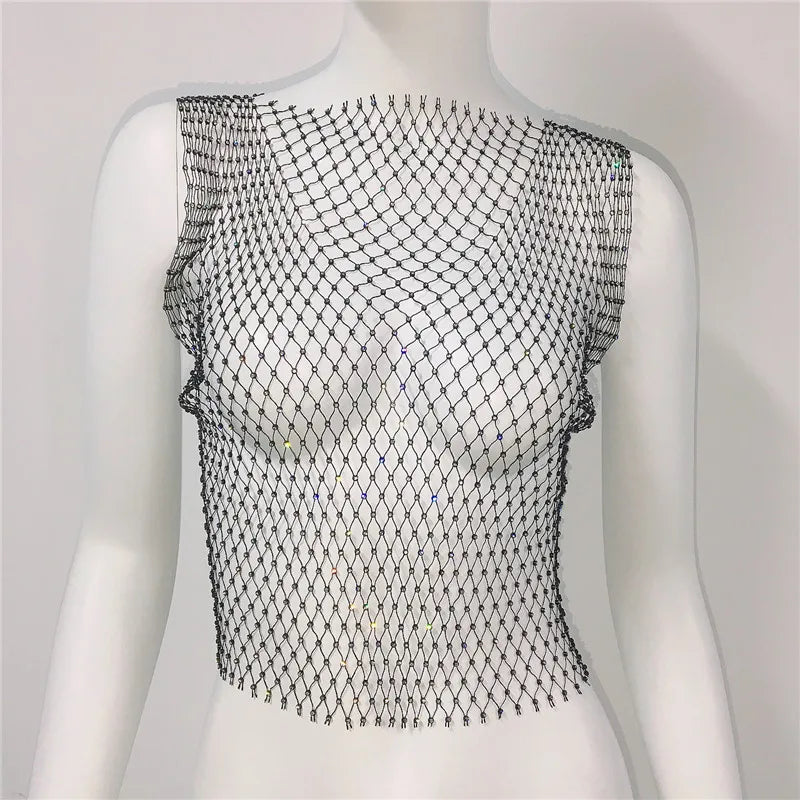 Crystal Rhinestone Fishnet Crop Top Women Sexy Mesh Hollow Out See Through Tank Top Beach Festival Rave Party Clubwear Camis Tee