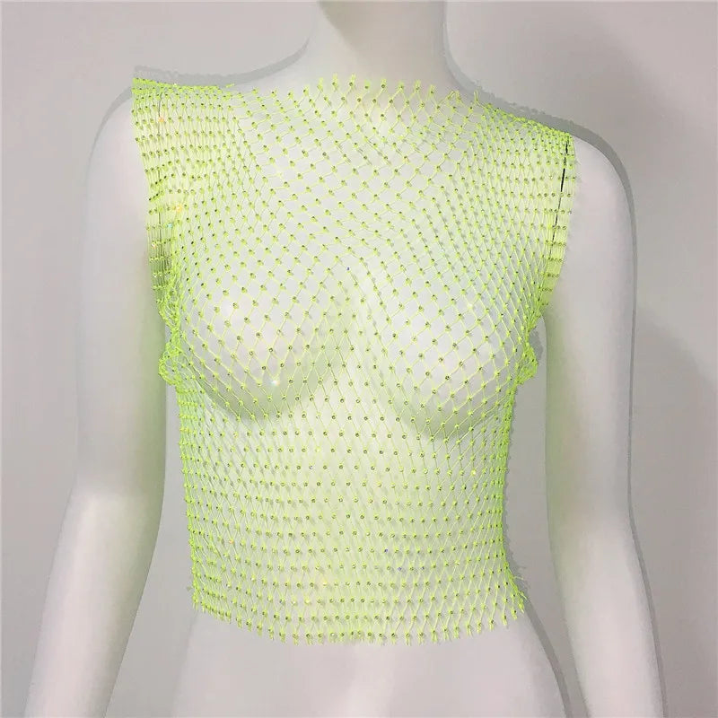 Crystal Rhinestone Fishnet Crop Top Women Sexy Mesh Hollow Out See Through Tank Top Beach Festival Rave Party Clubwear Camis Tee