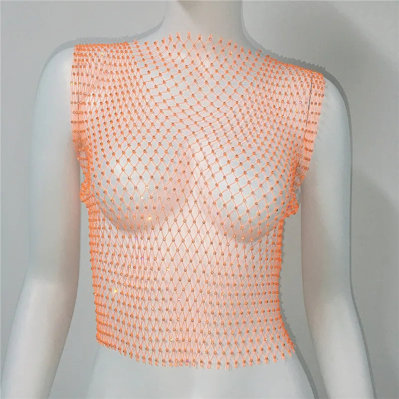 Crystal Rhinestone Fishnet Crop Top Women Sexy Mesh Hollow Out See Through Tank Top Beach Festival Rave Party Clubwear Camis Tee