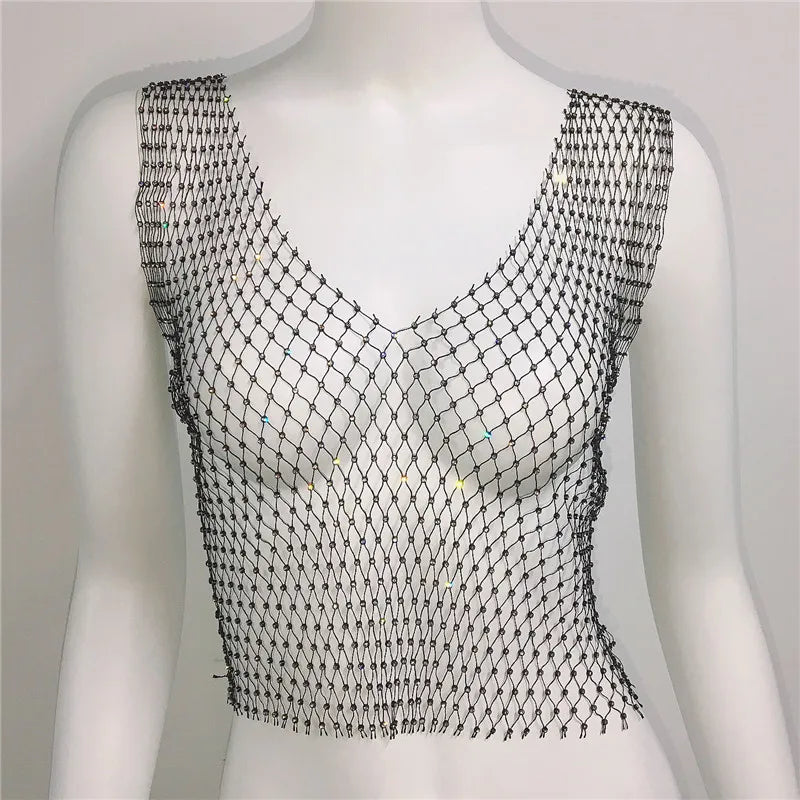 Crystal Rhinestone Fishnet Crop Top Women Sexy Mesh Hollow Out See Through Tank Top Beach Festival Rave Party Clubwear Camis Tee