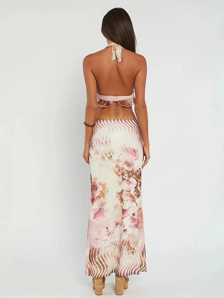Avrilyaan Printed Sexy Party Two Piece Set Deep V Crop Top Midi Skirts Bodycon 2 Pieces Set Women Vacation 2024 Summer Outfits